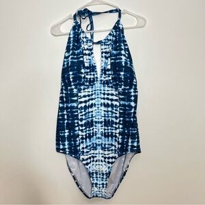 Mynah Blue and White One Piece Swimsuit High Neck Tie Dye Swimsuit size 22W